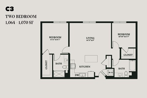 Floor plan for 2 beds, 2 baths, 1070 sqft